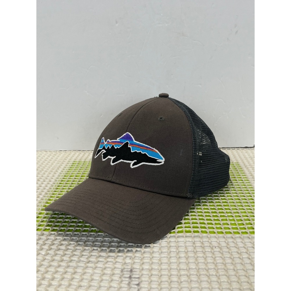 Patagonia Fitz Roy Trout Trucker Hat Brown Grey Mesh Snapback Fishing Cap GOOD